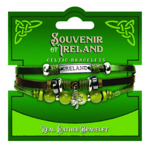 Brown/Green Leather/Marble Bracelet W/Reland Plaque W/Shamrock Charm