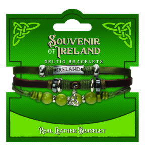 Brown/Green Leather/Marble Bracelet W/Reland Plaque W/Trinity Knot Charm