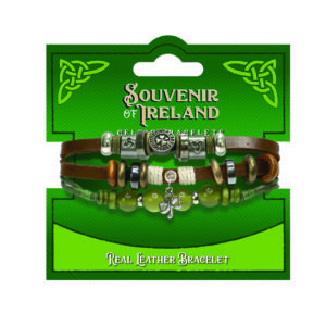 Brown Leather/Marble Bracelet W/Shamrock Round Icon W/Shamrock Charm