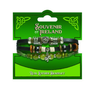 Black Leather/Marble Bracelet W/Shamrock Round Icon W/Shamrock Charm