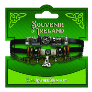 Black Leather/Marble Bracelet W/Shamrock Round Icon W/Trinity Knot Charm