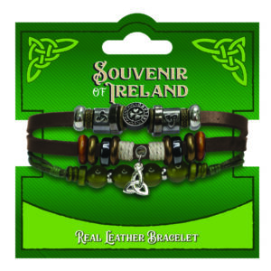 Brown Leather/Marble Bracelet W/Shamrock Round Icon W/Trinity Knot Charm