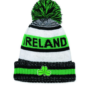 White/Black/Green Cuffed Beanie Knit Hat Shamrock